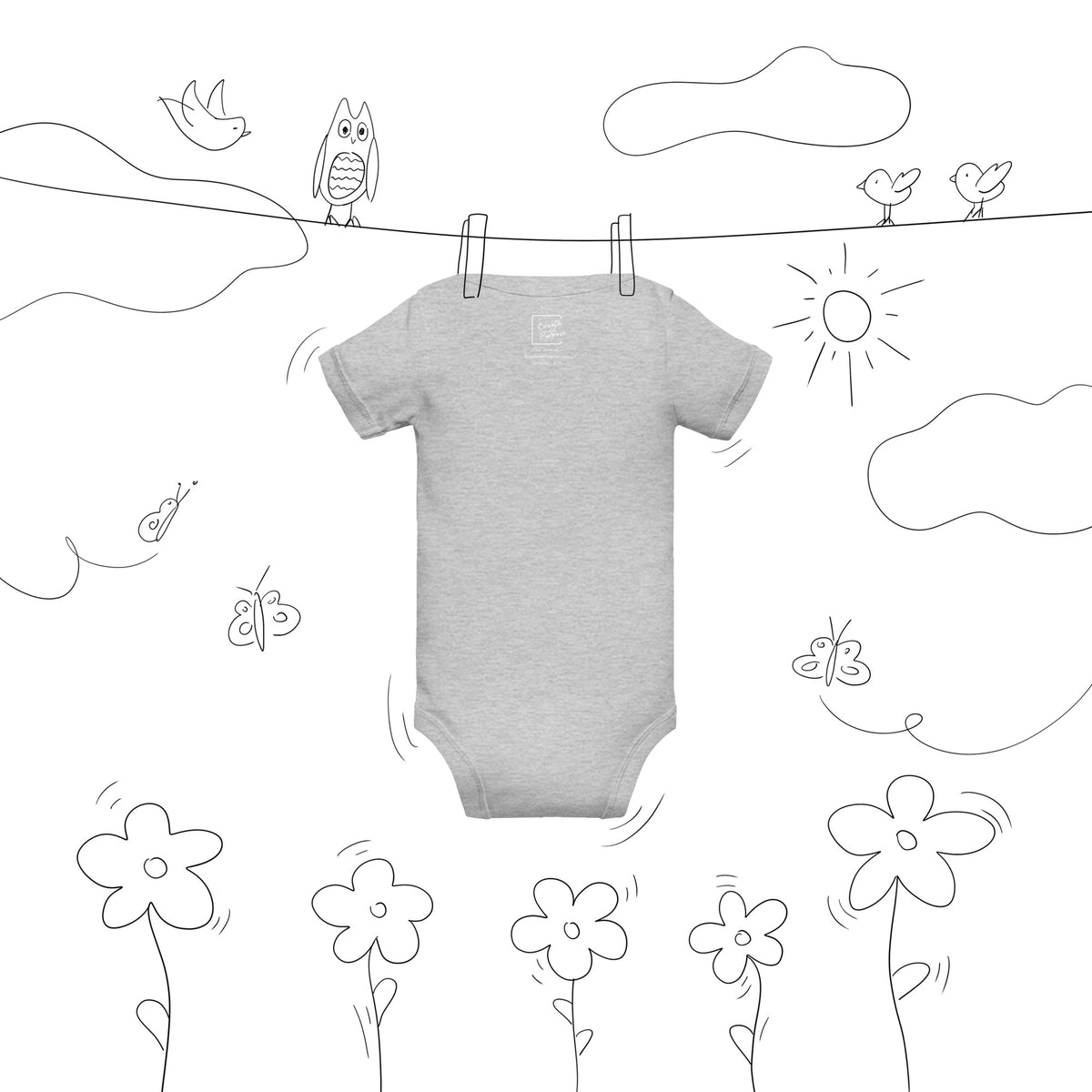 Back view of Athletic Heather baby bodysuit with envelope neckline