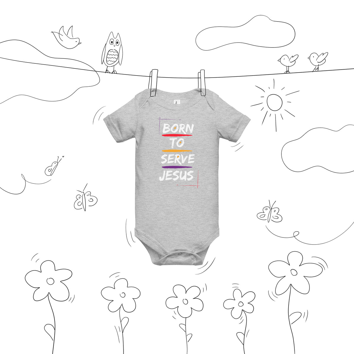 Front view of Athletic Heather Born to Serve Jesus Christian baby bodysuit