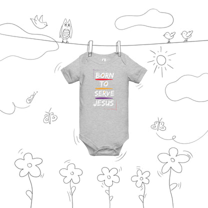 Front view of Athletic Heather Born to Serve Jesus Christian baby bodysuit