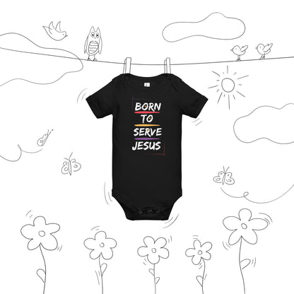 Front view of black Born to Serve Jesus Christian baby bodysuit with colorful lettering