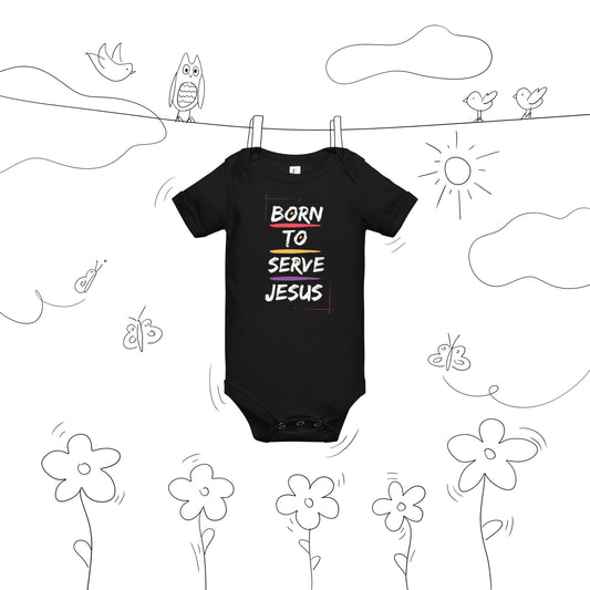 Front view of black Born to Serve Jesus Christian baby bodysuit with colorful lettering