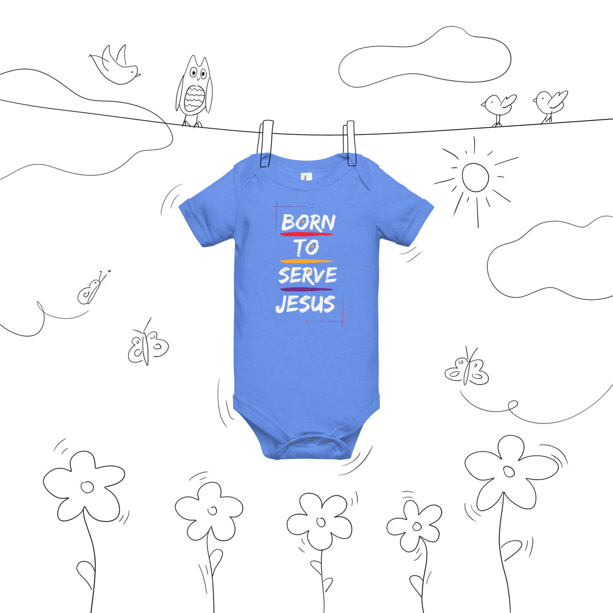 Front view of Heather Columbia Blue Born to Serve Jesus Christian baby bodysuit