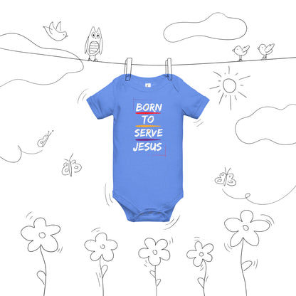 Front view of Heather Columbia Blue Born to Serve Jesus Christian baby bodysuit