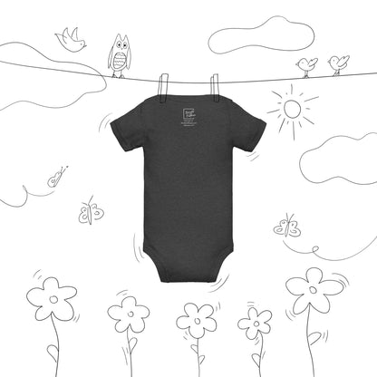 Back view of dark grey heather baby bodysuit with short sleeves