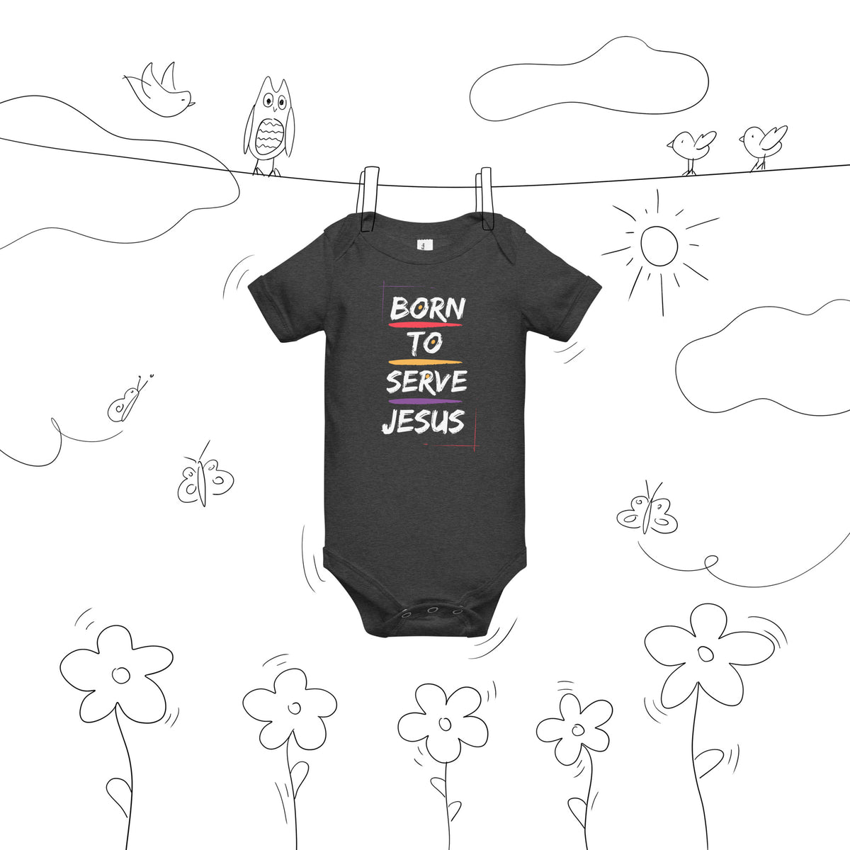 Front view of dark grey heather Born to Serve Jesus Christian baby bodysuit