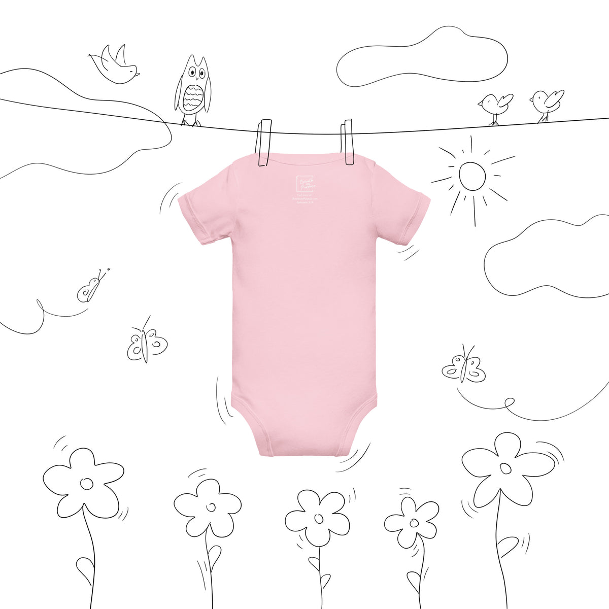 Back view of pink short sleeve baby bodysuit with snap closure