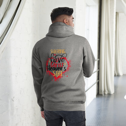 Back view of carbon grey Christian hoodie with colorful Sharing the Love of Christ design