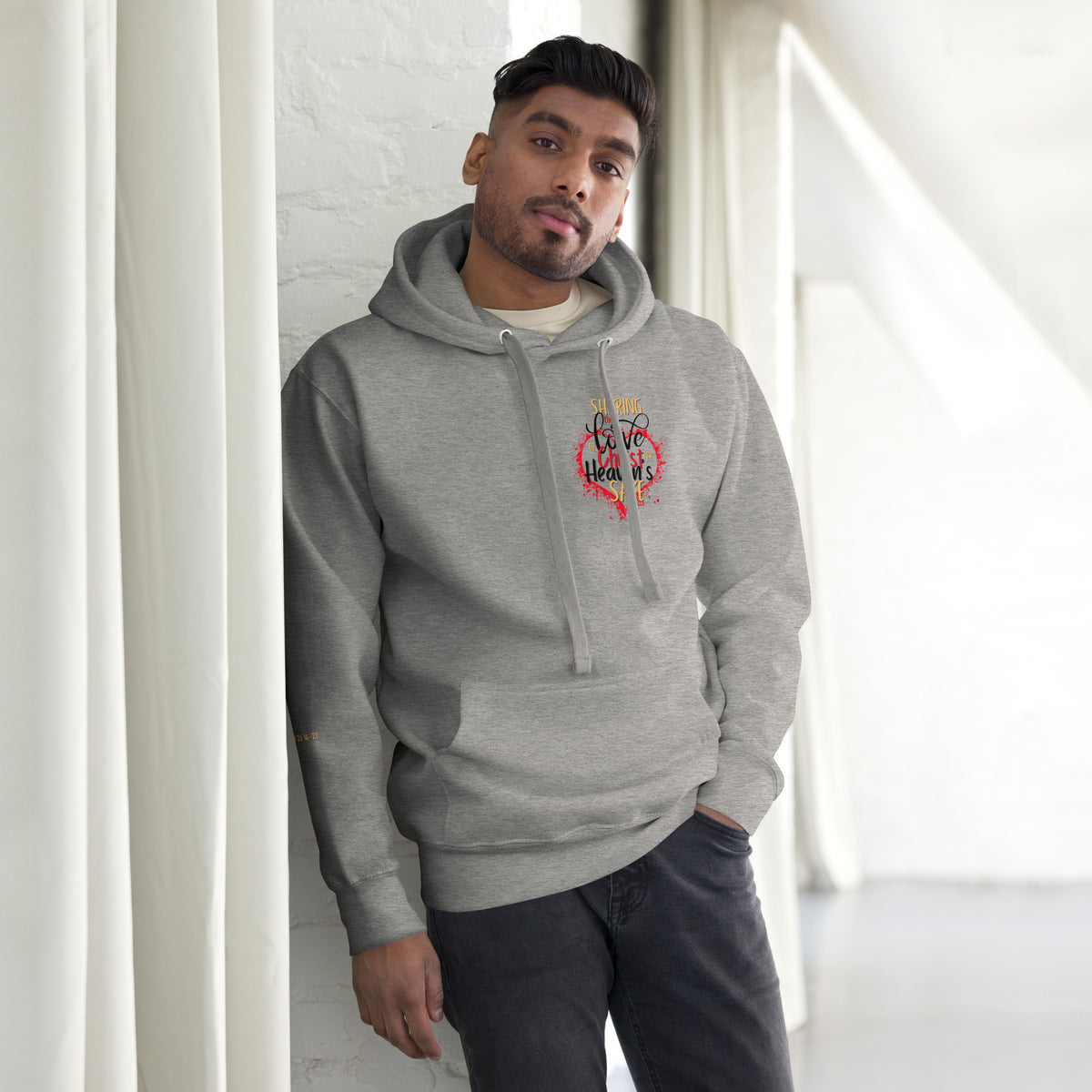 Front view of carbon grey For Heaven's Sake Christian hoodie with chest design