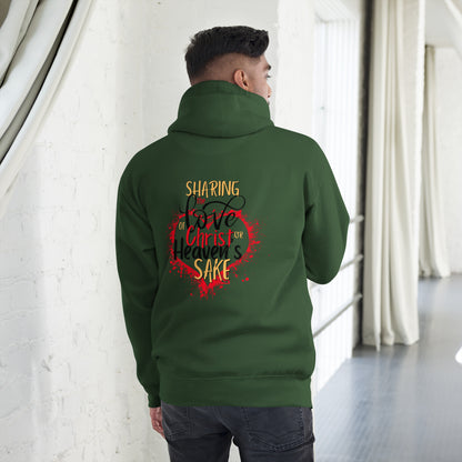 Back view of forest green Christian hoodie featuring the Sharing the Love of Christ design