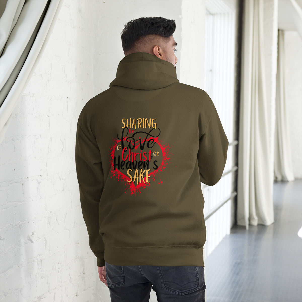Back view of military green Christian hoodie showing the For Heaven's Sake design
