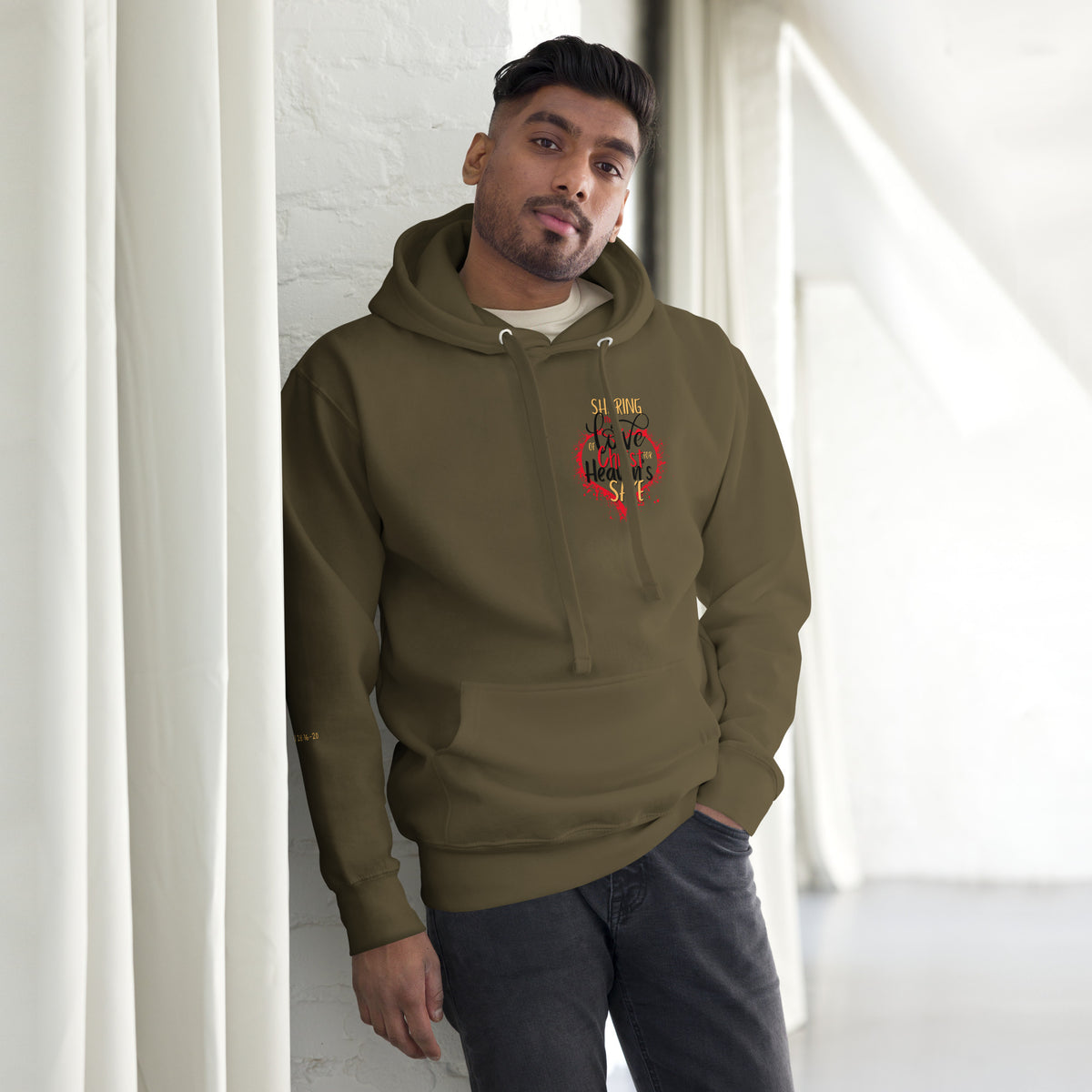 Front view of military green For Heaven's Sake Christian hoodie