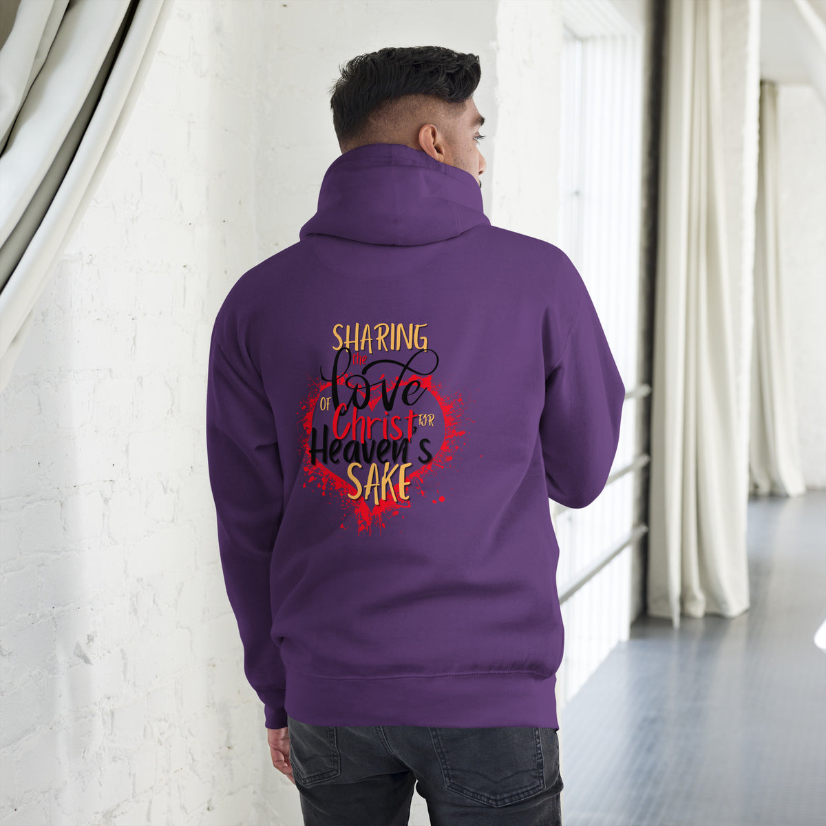 Back view of purple For Heaven's Sake Christian hoodie featuring the Sharing the Love of Christ design