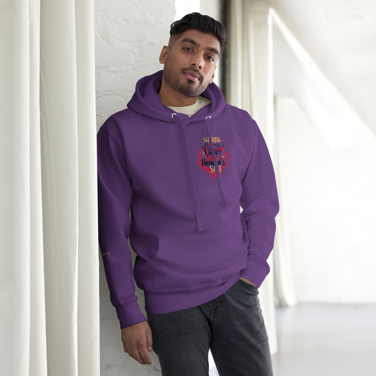 Front view of purple Christian pullover hoodie with small chest design