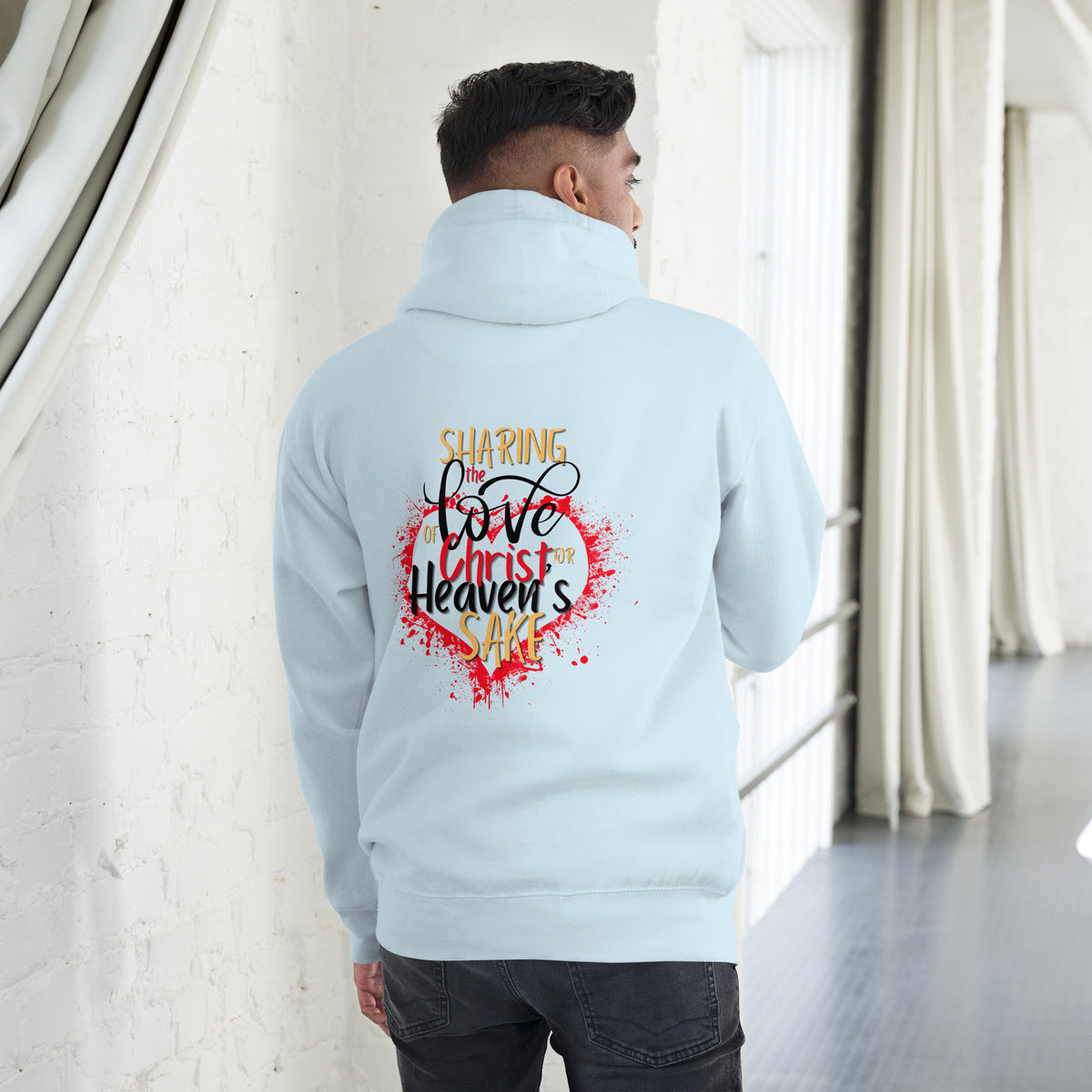 Back view of sky blue Christian hoodie featuring the For Heaven's Sake design