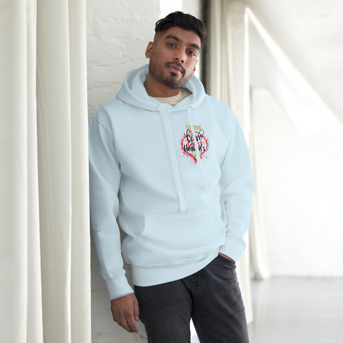 Front view of sky blue For Heaven's Sake Christian hoodie