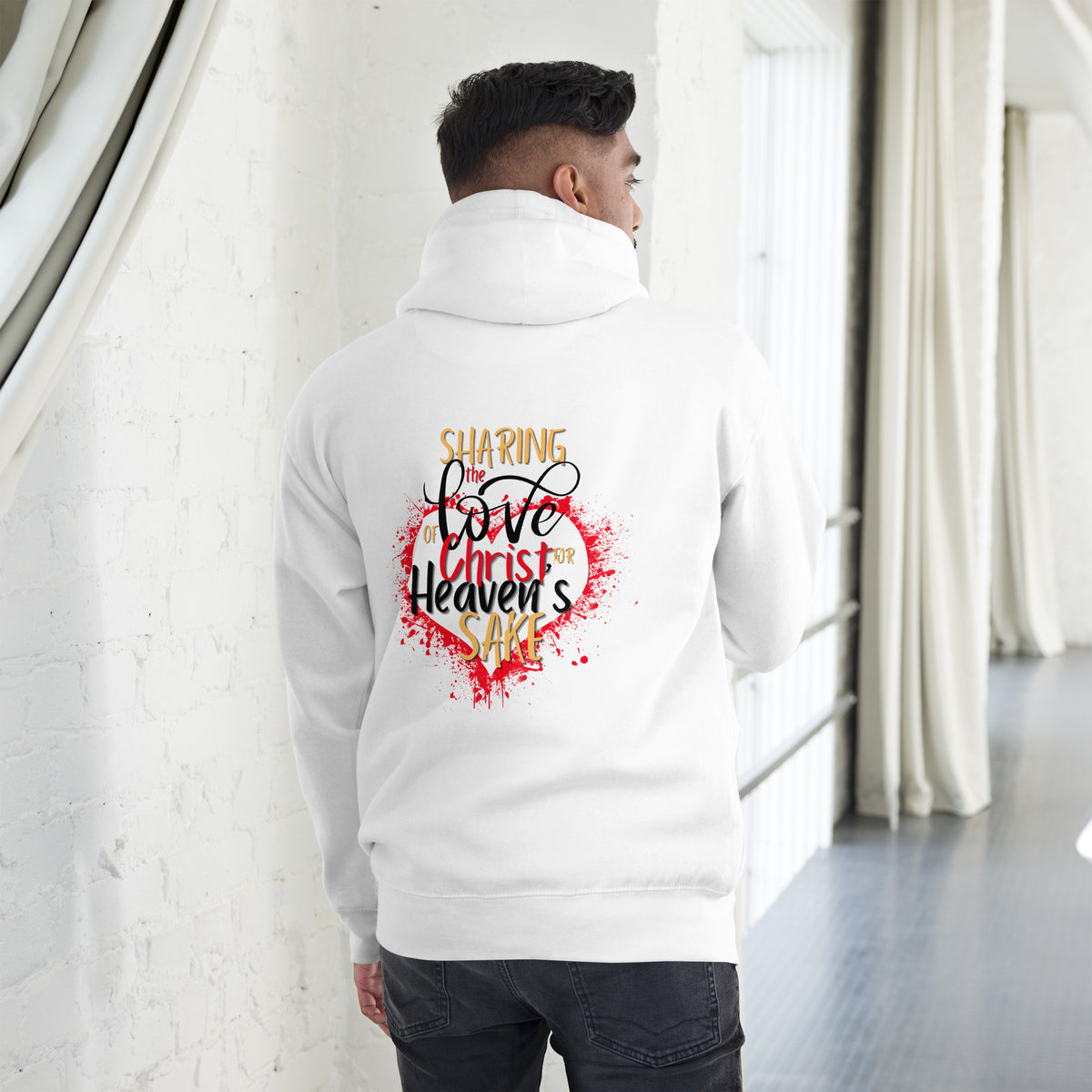 Back view of white Christian hoodie featuring the Sharing the Love of Christ design