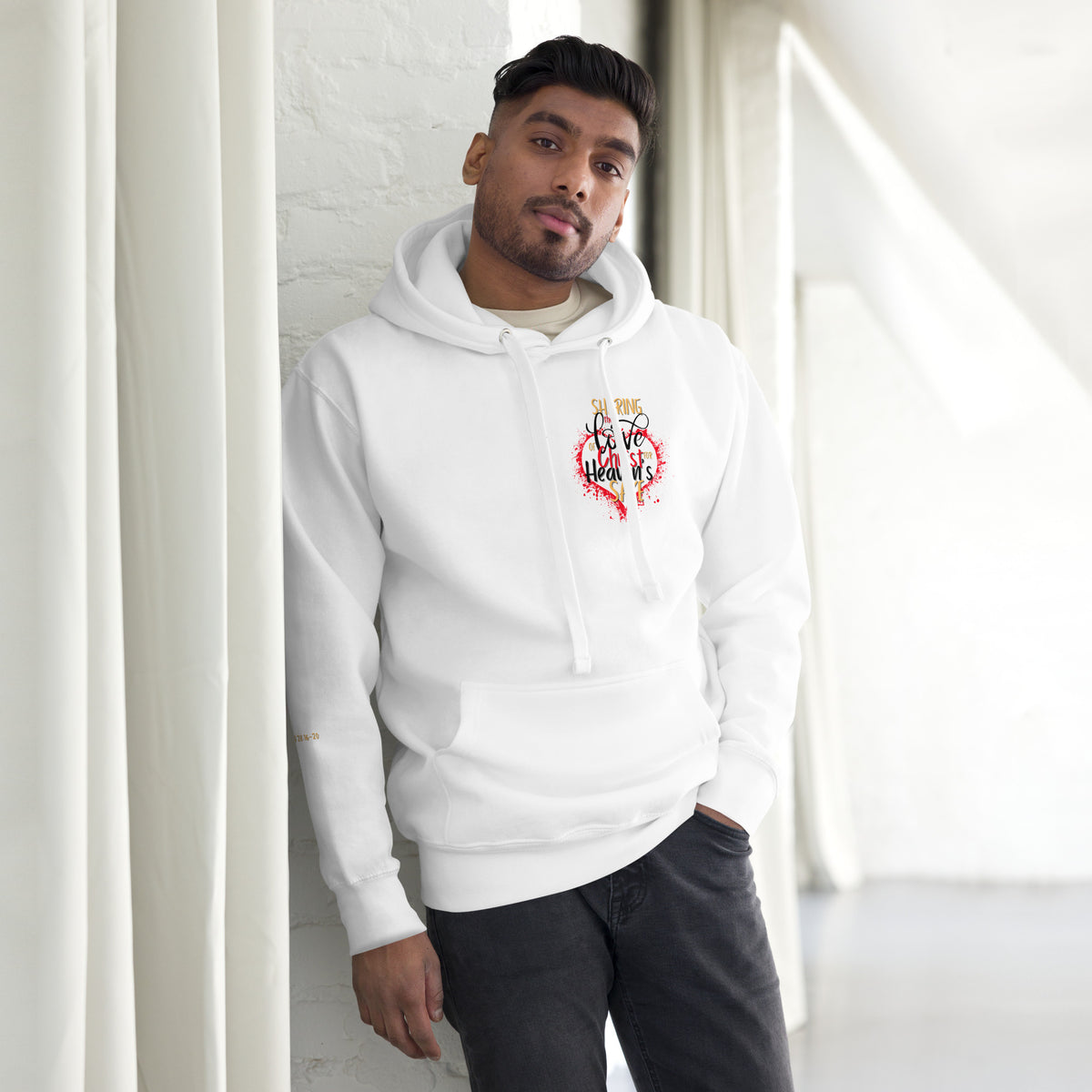 Front view of white For Heaven's Sake Christian hoodie with small chest design