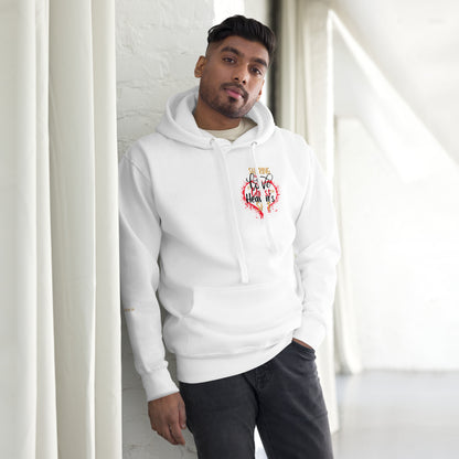 Front view of white For Heaven's Sake Christian hoodie with small chest design