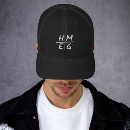 Front view of black HMEG embroidered Christian trucker hat