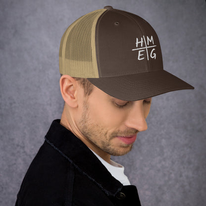 Brown and khaki HMEG Christian trucker hat with embroidered front