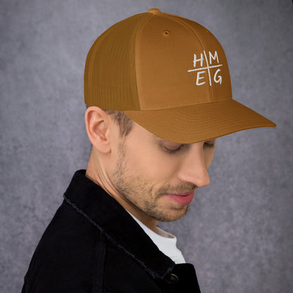 Caramel HMEG Christian trucker hat with white embroidered design