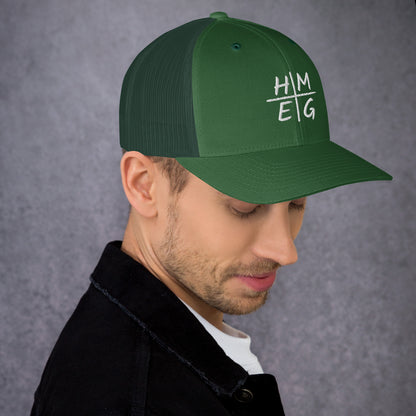 Evergreen green HMEG embroidered Christian trucker hat