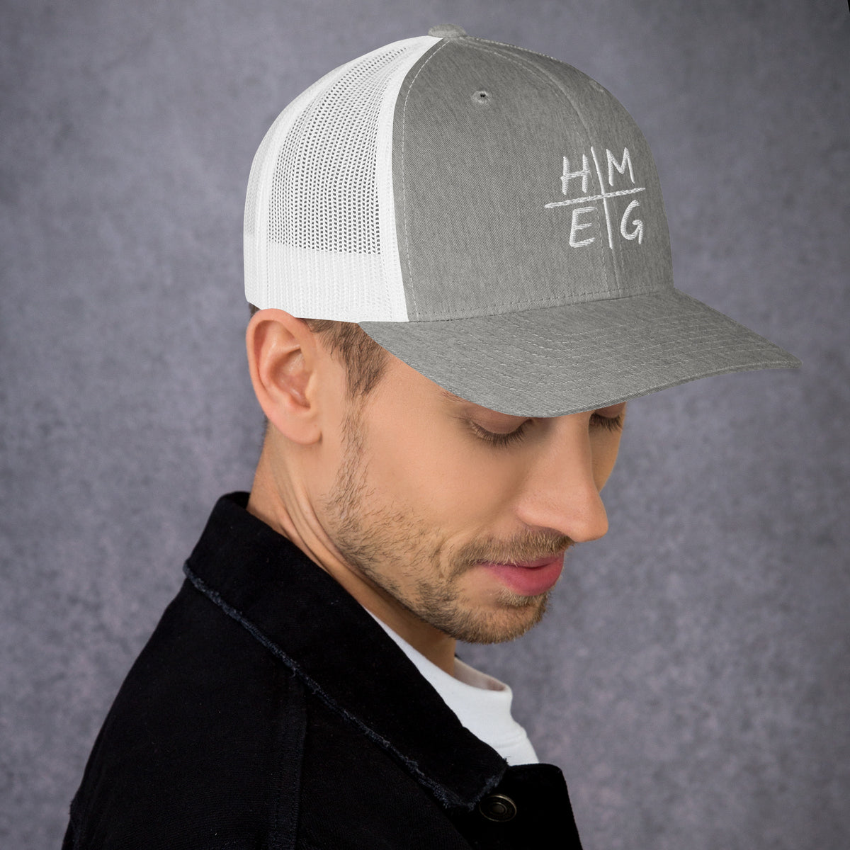 Heather grey and white mesh HMEG Christian trucker hat