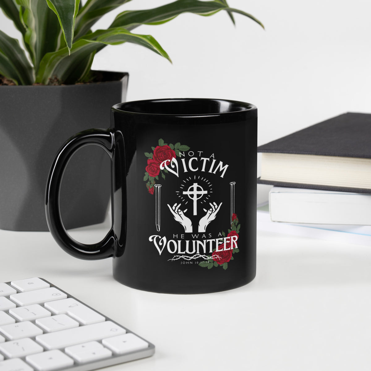 Black Not a Victim Christian 11oz mug with John 10:18 design