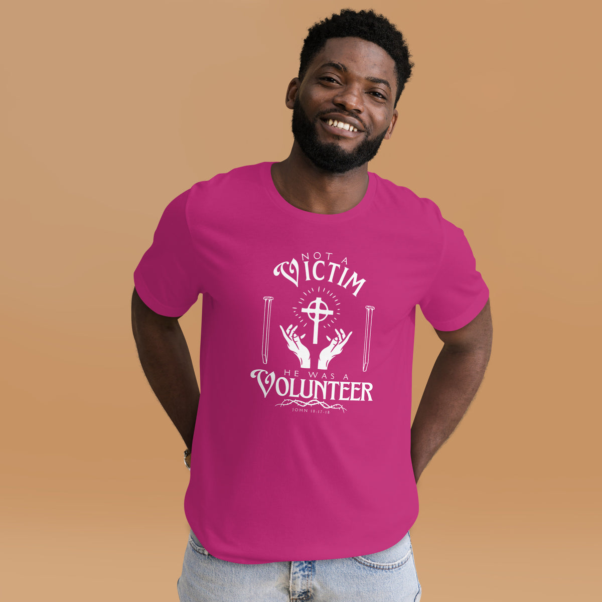 Berry pink Not a Victim Christian T-shirt with white He Was a Volunteer front design