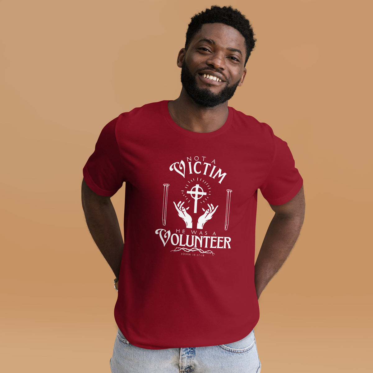 Cardinal red Not a Victim Christian T-shirt with white faith-inspired front design