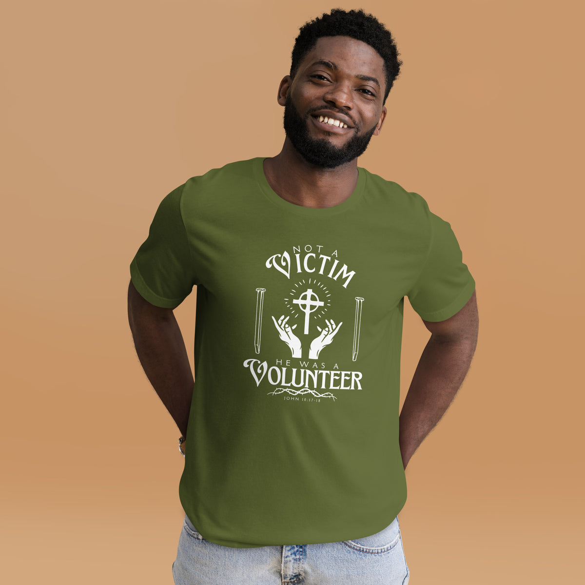 Olive green Not a Victim Christian T-shirt featuring the John 10:18 inspired design