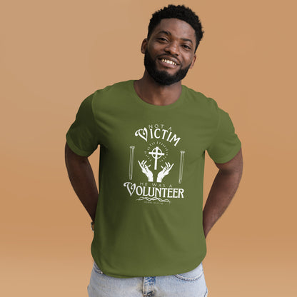 Olive green Not a Victim Christian T-shirt featuring the John 10:18 inspired design