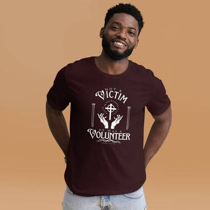 Oxblood Black Not a Victim Christian T-shirt with white cross and He Was a Volunteer artwork