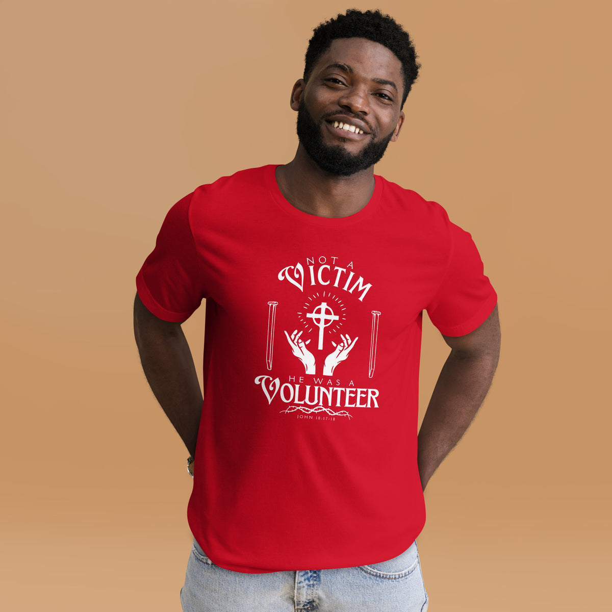 Red Not a Victim Christian T-shirt with white cross artwork inspired by John 10:18