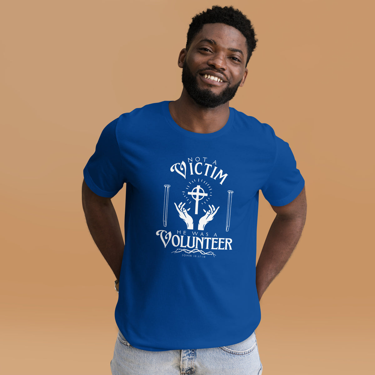 True Royal blue Not a Victim Christian T-shirt featuring white Christian cross artwork