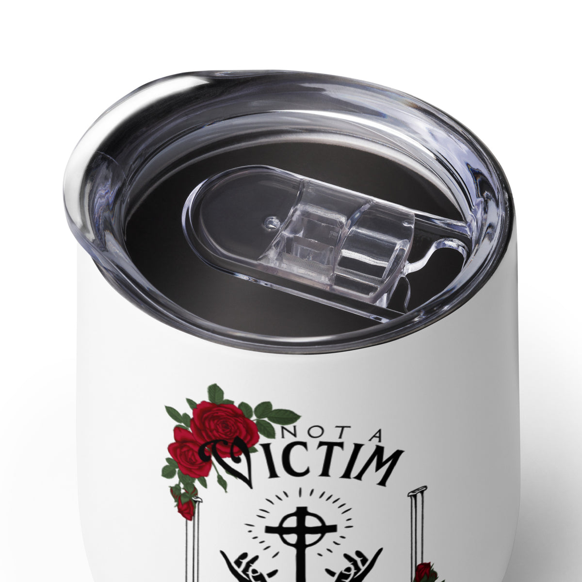 Close-up of the clear sip lid on the Not a Victim stainless steel wine tumbler