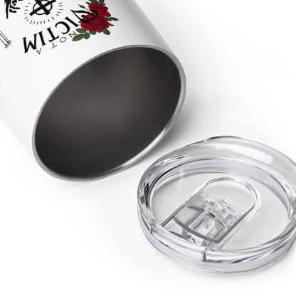 Top of white Not a Victim wine tumbler shown beside its clear sip lid