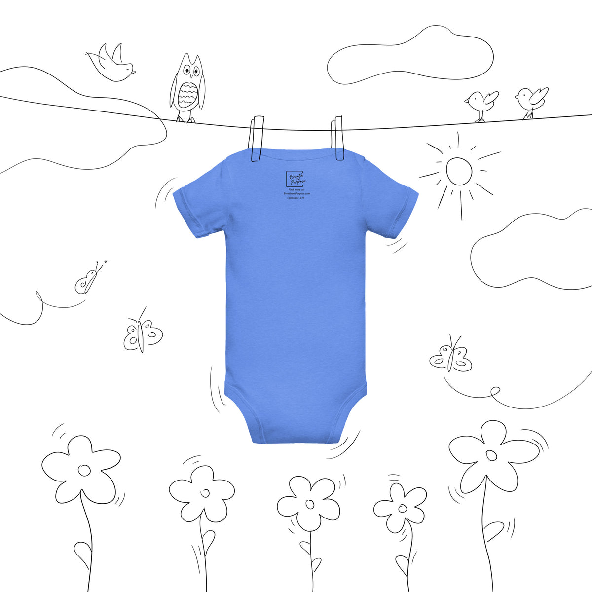 Back view of Heather Columbia Blue baby bodysuit with short sleeves and snap closure