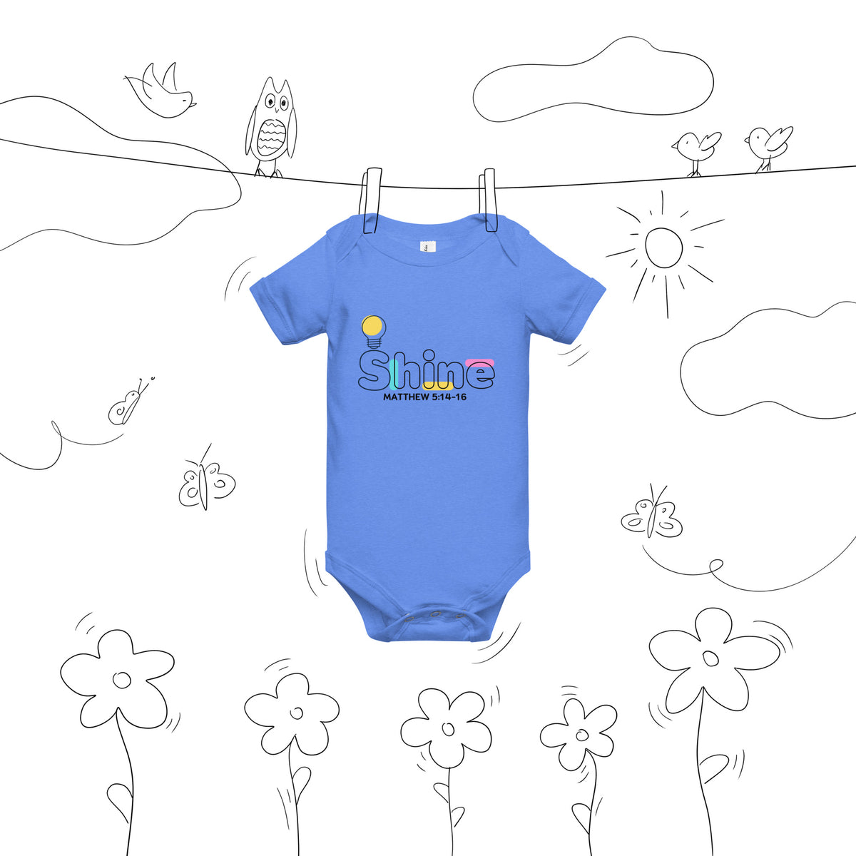 Heather Columbia Blue Shine Christian baby bodysuit with colorful faith design