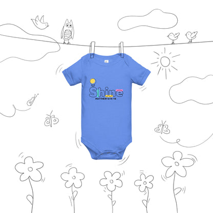 Heather Columbia Blue Shine Christian baby bodysuit with colorful faith design