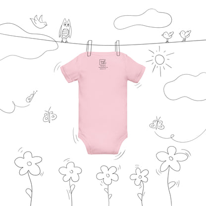 Back view of pink Christian baby bodysuit showing short sleeves and snap closure