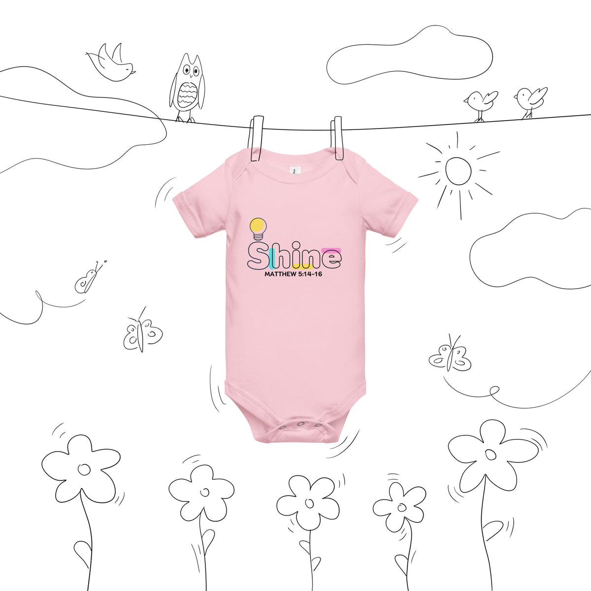 Pink Shine Christian baby bodysuit featuring Matthew 5:16 inspired graphic