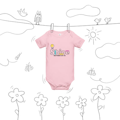 Pink Shine Christian baby bodysuit featuring Matthew 5:16 inspired graphic