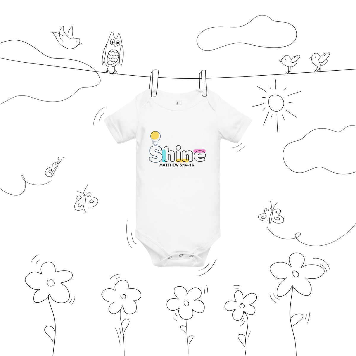 White Shine Christian baby bodysuit with Matthew 5:16 design