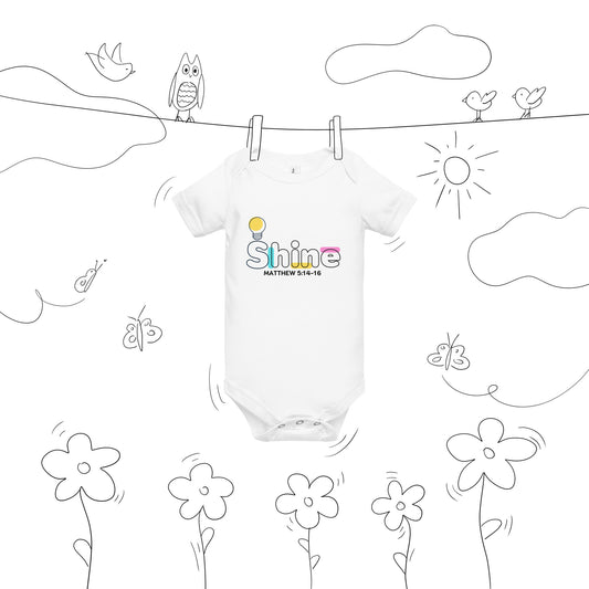 White Shine Christian baby bodysuit with Matthew 5:16 design
