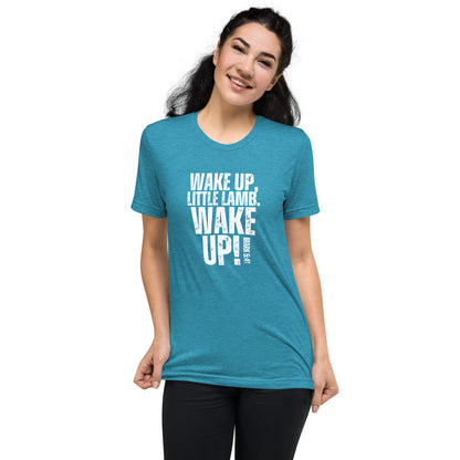 Woman wearing an aqua Wake Up Little Lamb Christian T-shirt with white lettering