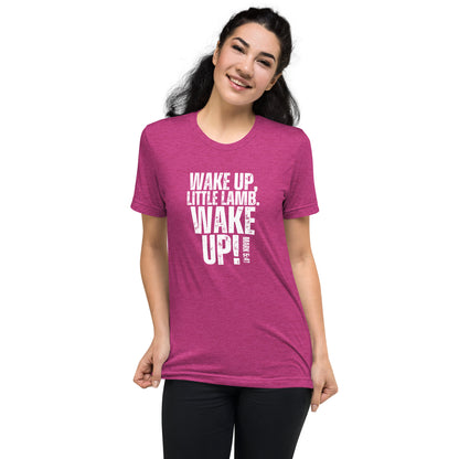 Woman wearing a berry pink Wake Up Little Lamb Christian T-shirt with white front design