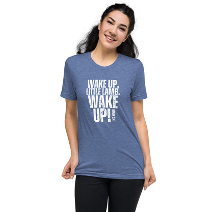Woman wearing a blue Wake Up Little Lamb Christian T-shirt featuring the Wake Up Little Lamb message