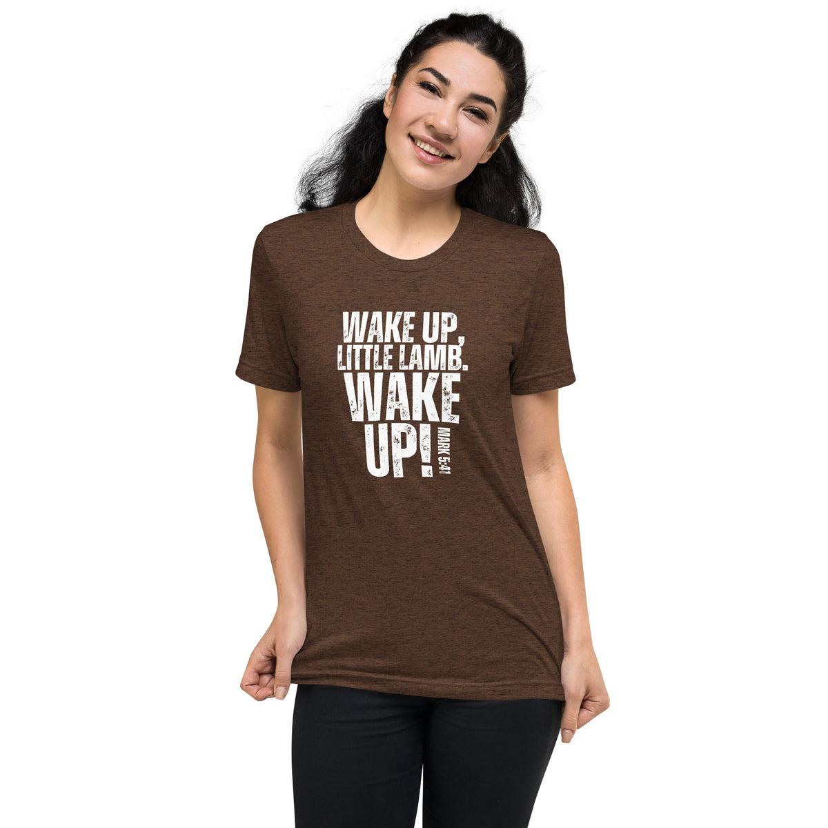 Model wearing a brown Wake Up Little Lamb Christian T-shirt with white lettering