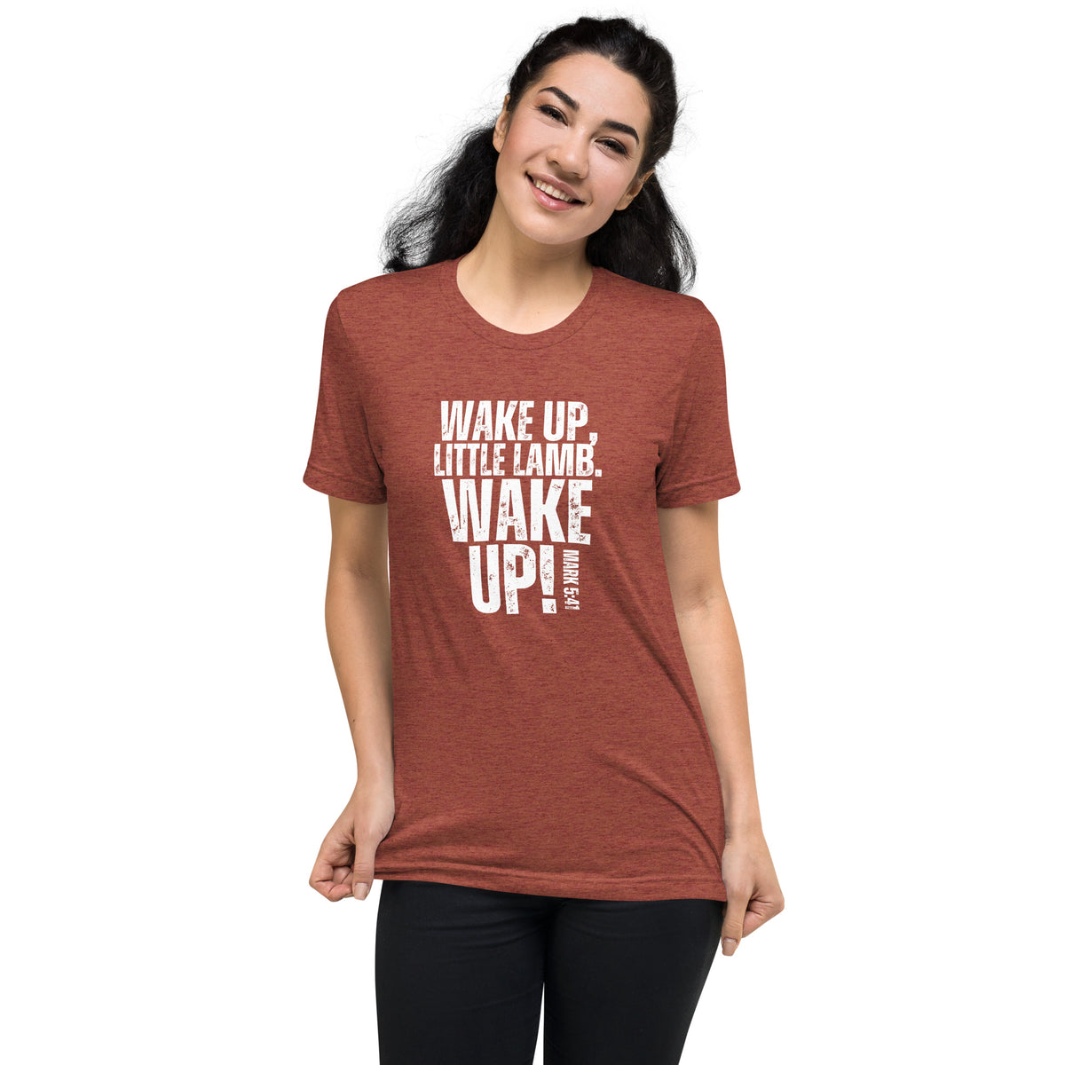 Woman wearing a clay Wake Up Little Lamb Christian T-shirt inspired by Mark 5:41